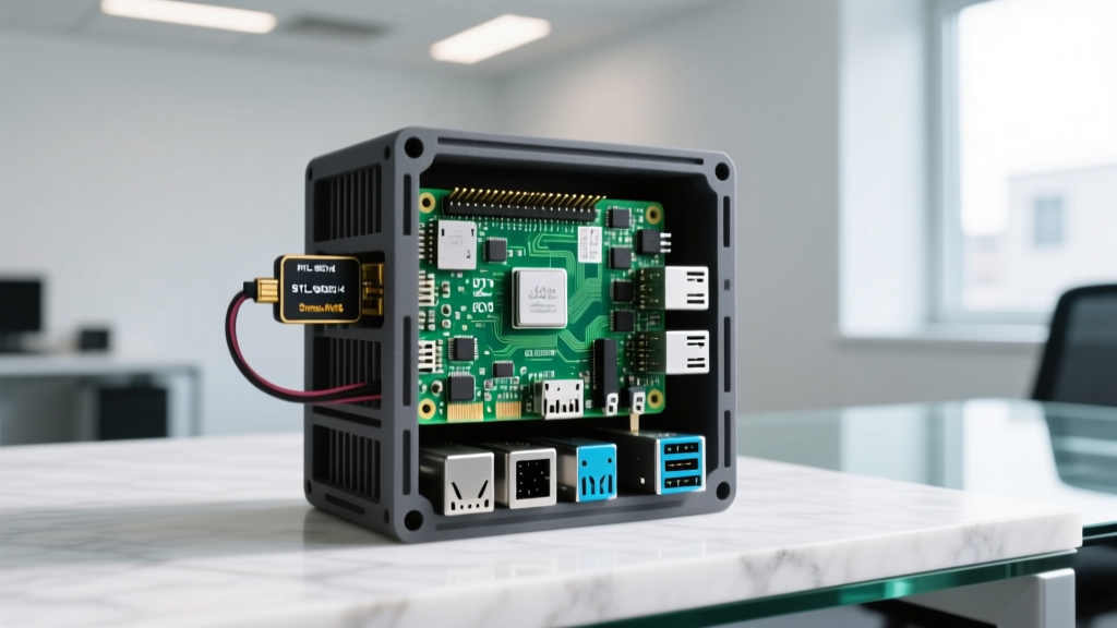 A fully assembled Raspberry Pi 4 stack with RTL-SDR V4 dongle and Stratux AHRS board resting on a 3D printed ASA enclosure.