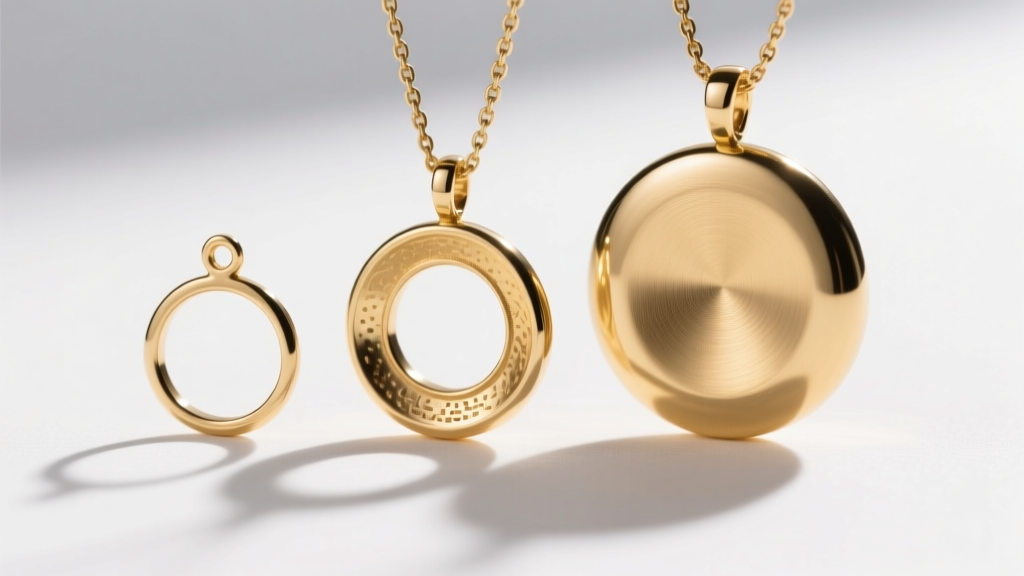 Side view of three gold circle pendants showing thickness variations, from a 0.5mm hollow stamp to a solid 2.0mm cast piece.