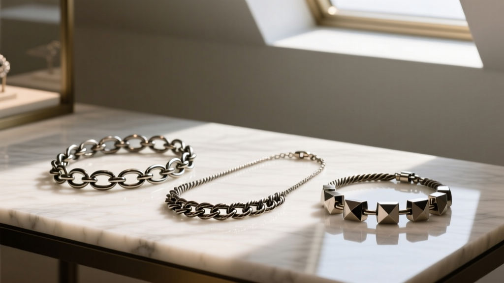Three iron chain necklaces on a jeweler's bench, with digital calipers measuring a 14-gauge link wire under bright studio lighting.
