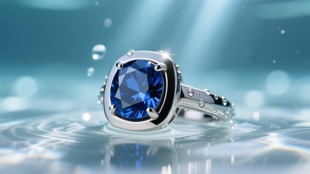 Macro view of a bezel-set sapphire ring in clear water, showing secure metal edges protecting the gem from harsh pool chemicals.