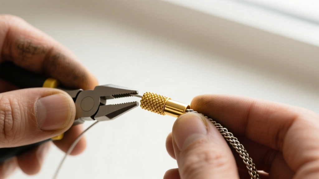 Jeweler using a crimp tool to secure a 2x2mm gold-filled tube crimp over 49-strand micro-braided stainless steel beading wire.