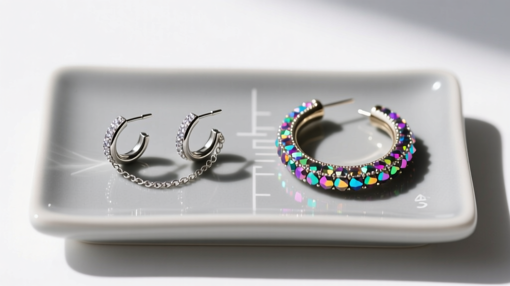 Side-by-side view of 20 gauge lobe glitter huggies and 16 gauge cartilage glitter hoops on a matte ceramic sizing display board.