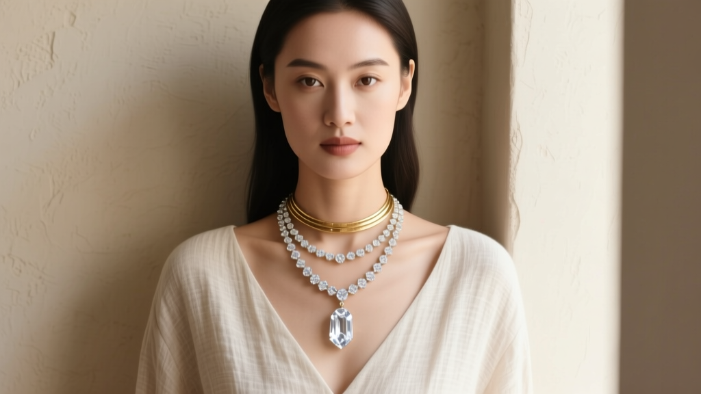 Woman wearing a layered white crystal necklace with a gold choker and 18-inch quartz pendant against a soft neutral linen top