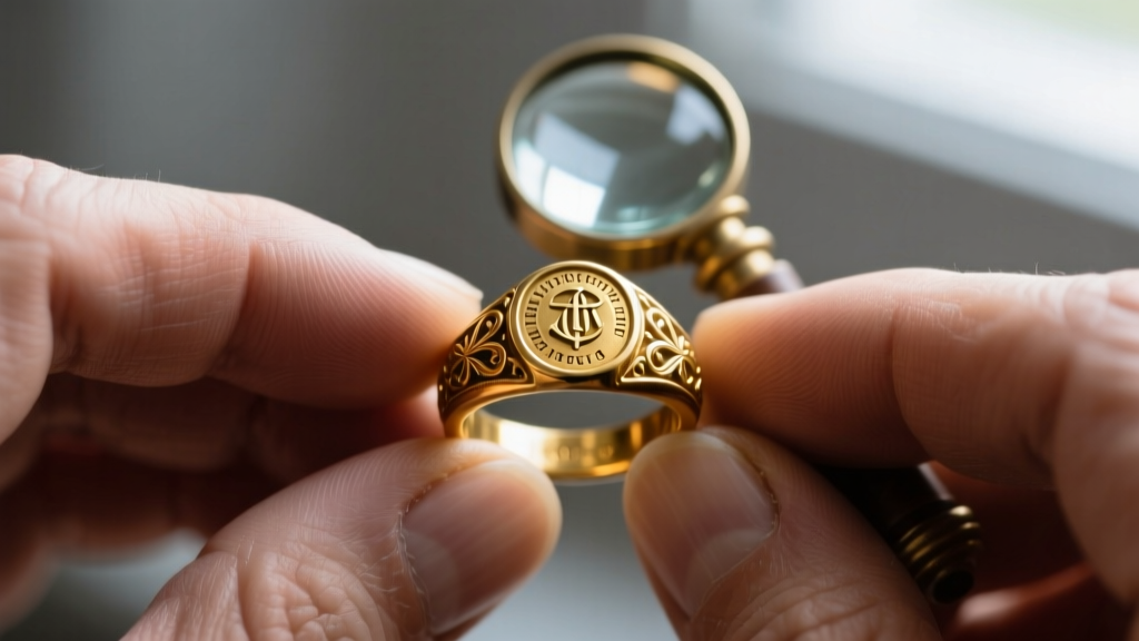 Jeweler hands using a 10x Hastings triplet loupe to inspect the hallmark on a vintage 18k yellow gold Victorian signet ring