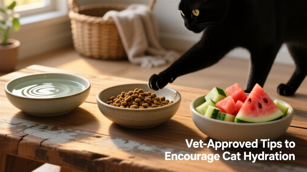 Three shallow ceramic bowls on a wooden surface: one with fresh water, one with wet food, one with diced watermelon and cucumber