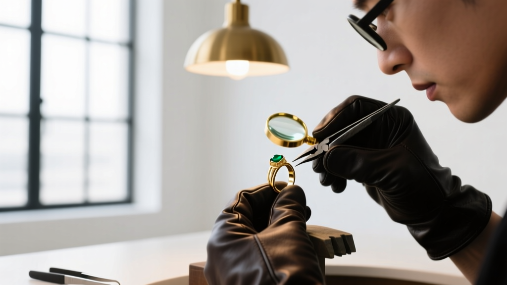 A jeweler's caliper measuring the 18-gauge thickness of a solid 14k gold custom-cast basketball hoop and sneaker dangle earring.