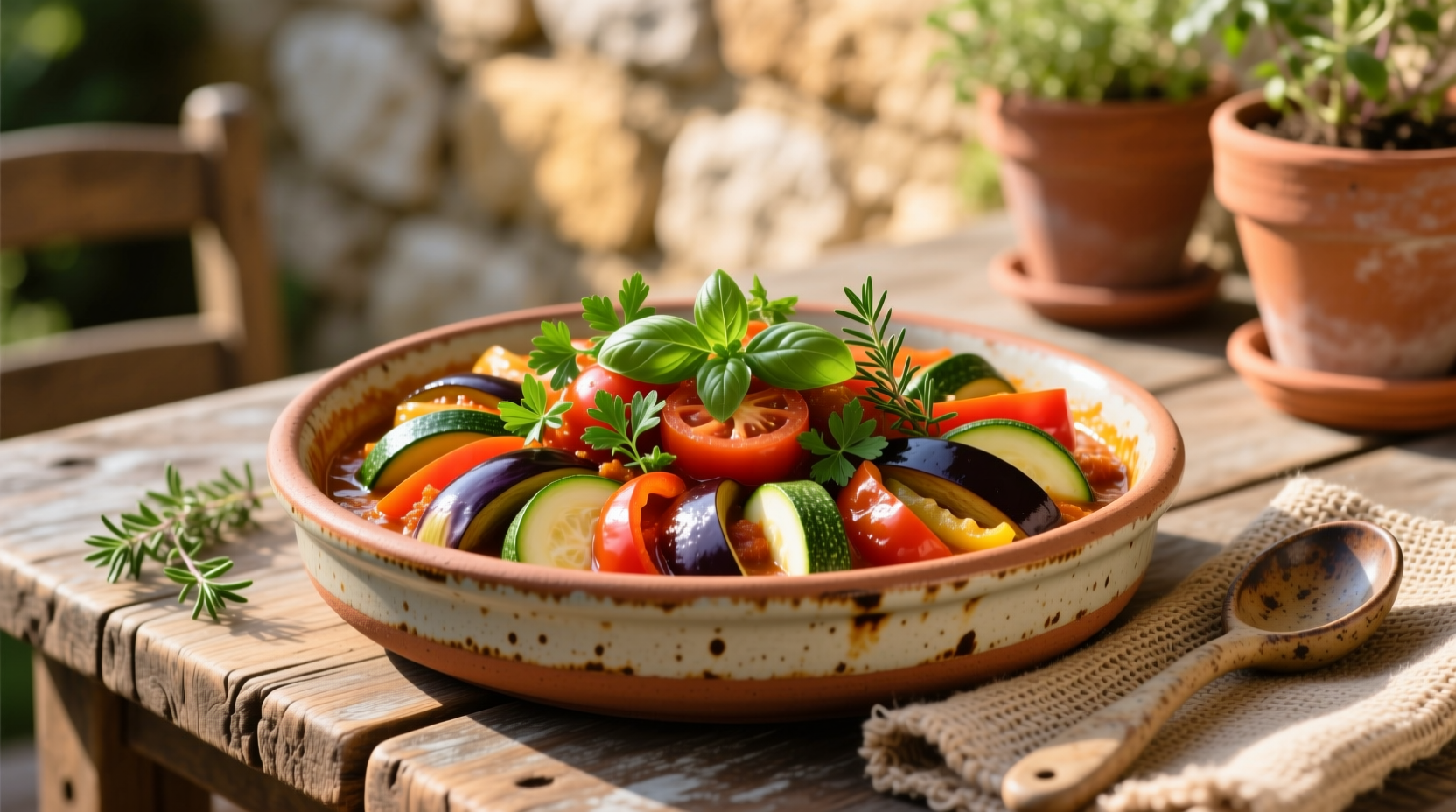 Colorful ratatouille in ceramic dish with herbs