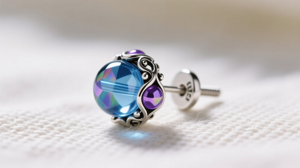 Macro shot of a 20-gauge Trollbeads compatible stud earring with threaded post, showing a detailed glass and silver fantasy charm