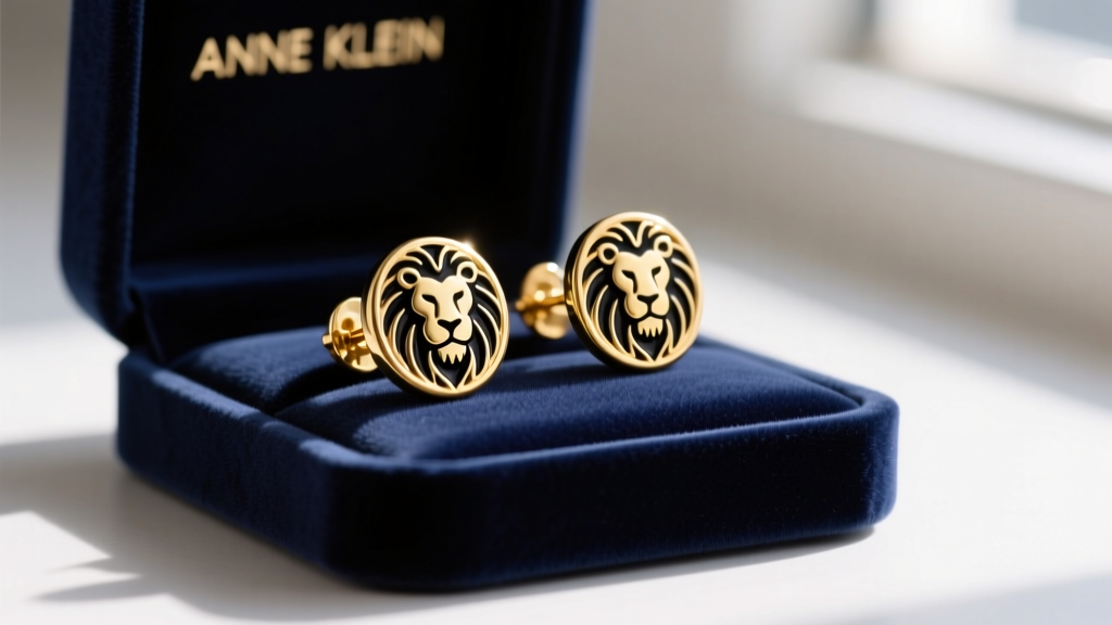 Vintage 1980s gold-tone Anne Klein clip earrings with lion logo and black enamel, resting on a dark velvet jewelry display pad.