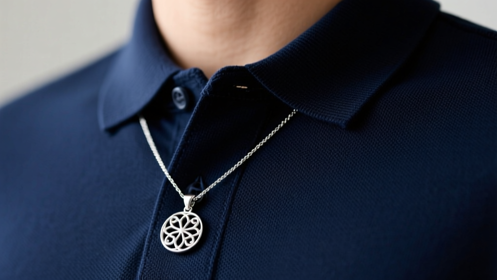 Close-up of a navy polo shirt with an 18-inch sterling silver pendant resting on the collarbone just below the fabric placket.