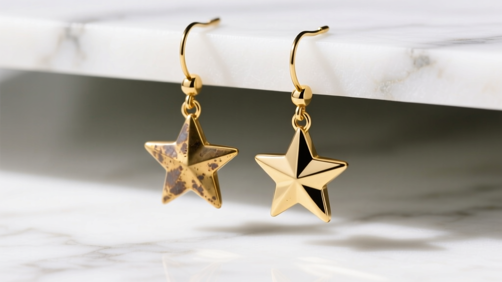 Tarnished brass and polished 14k gold dangling star earrings on white marble in bright daylight, highlighting the metal contrast.