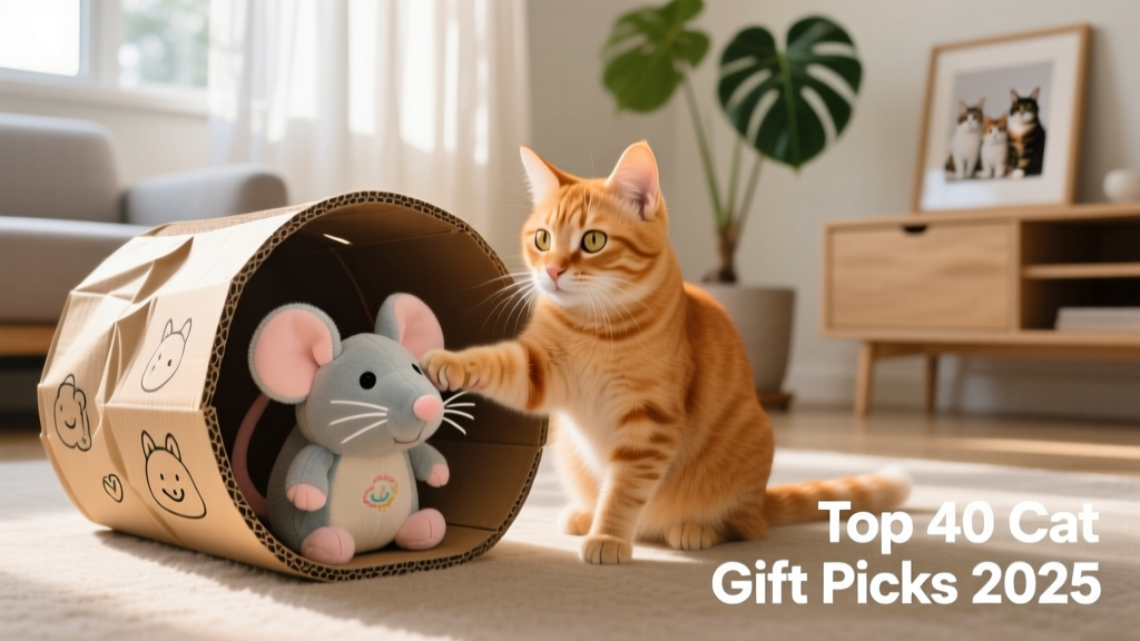 A curious cat interacting with a plush toy and a cardboard scratch tunnel