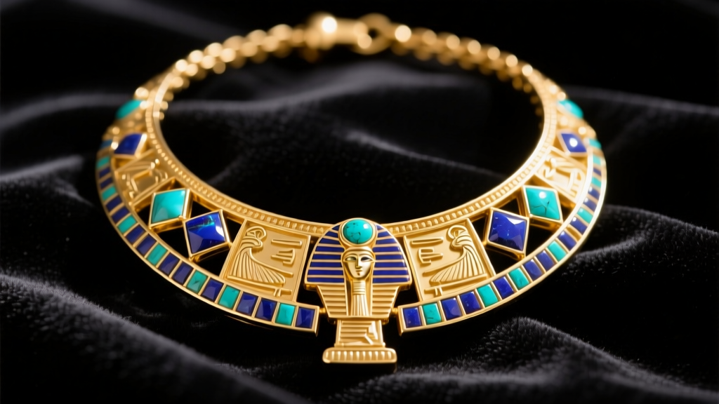 Close-up of an 18k yellow gold Egyptian revival necklace with lapis lazuli and turquoise inlays resting on dark velvet fabric