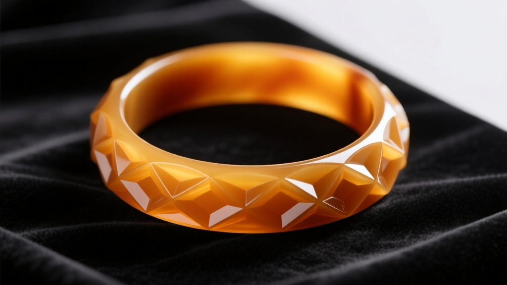 Carved butterscotch Bakelite bangle on dark velvet, highlighting deep geometric carving marks and a rich, translucent amber patina.