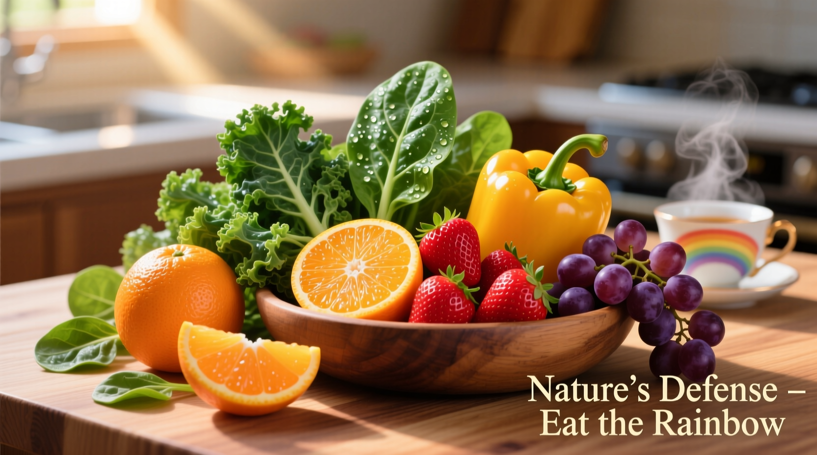 Colorful immune-boosting foods including citrus and leafy greens