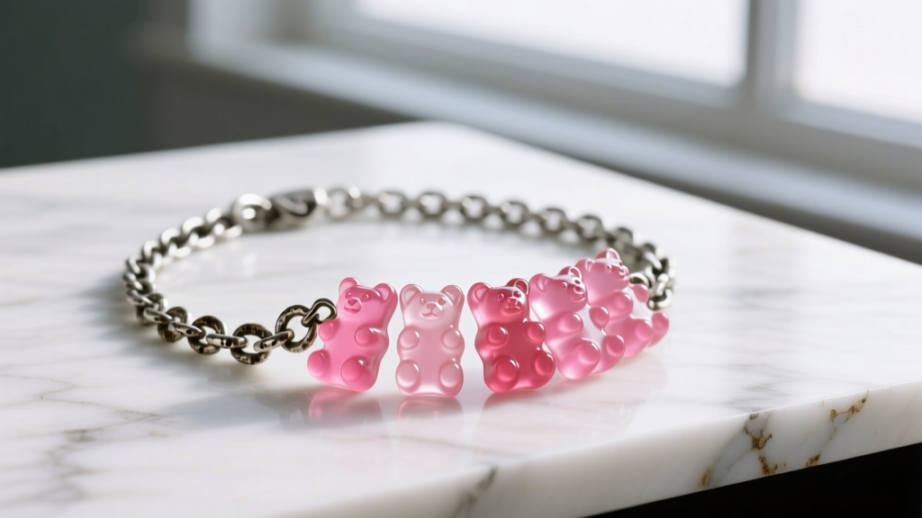 Vintage Betsey Johnson gummy bear necklace with pink resin bears and a tarnished silver chain resting on a white marble surface