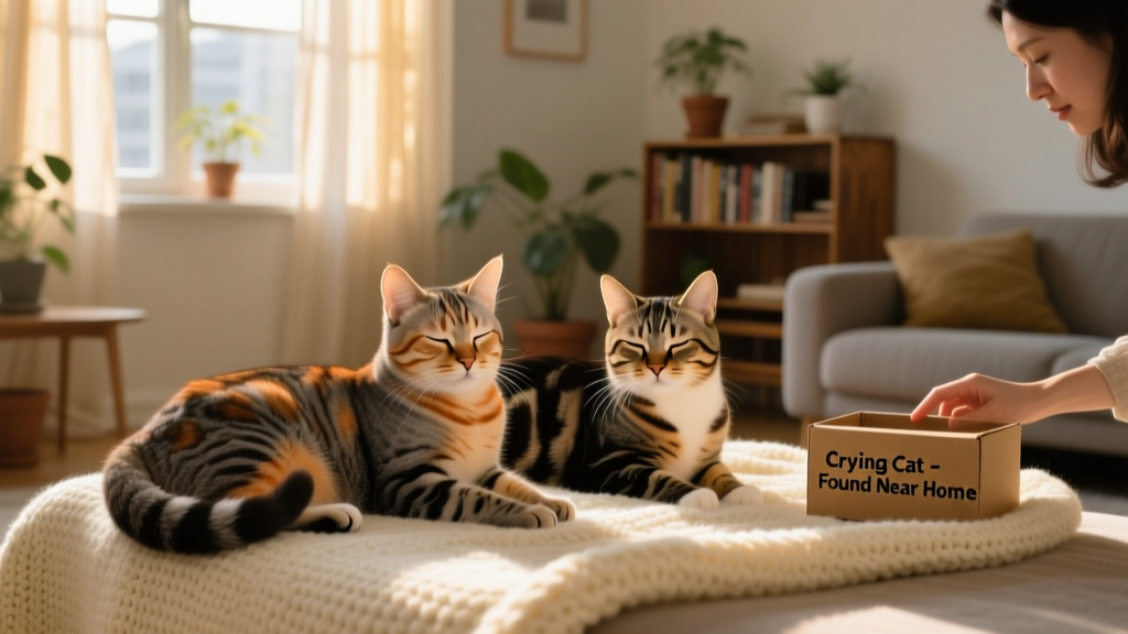Two tabby cats lounging side-by-side on a soft blanket, looking relaxed and content