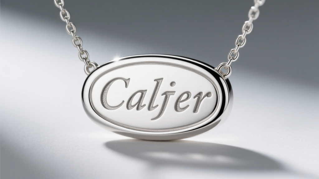 Macro shot of a sterling silver cartouche necklace with laser-engraved letters, highlighting contrast and a bright rhodium finish.