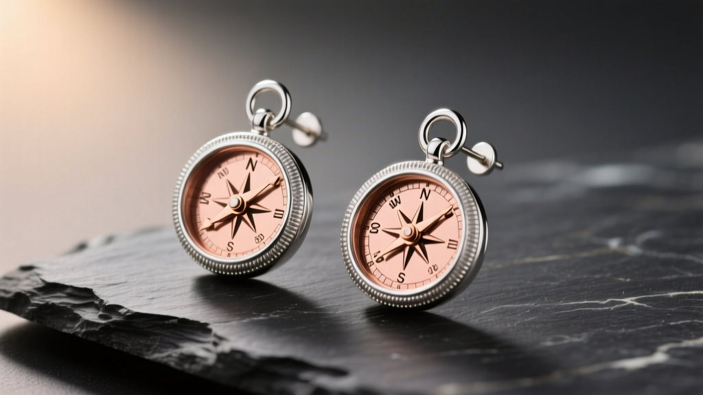 Close-up of intricate sterling silver compass earrings with spinning rose dial, resting on dark slate under warm directional light