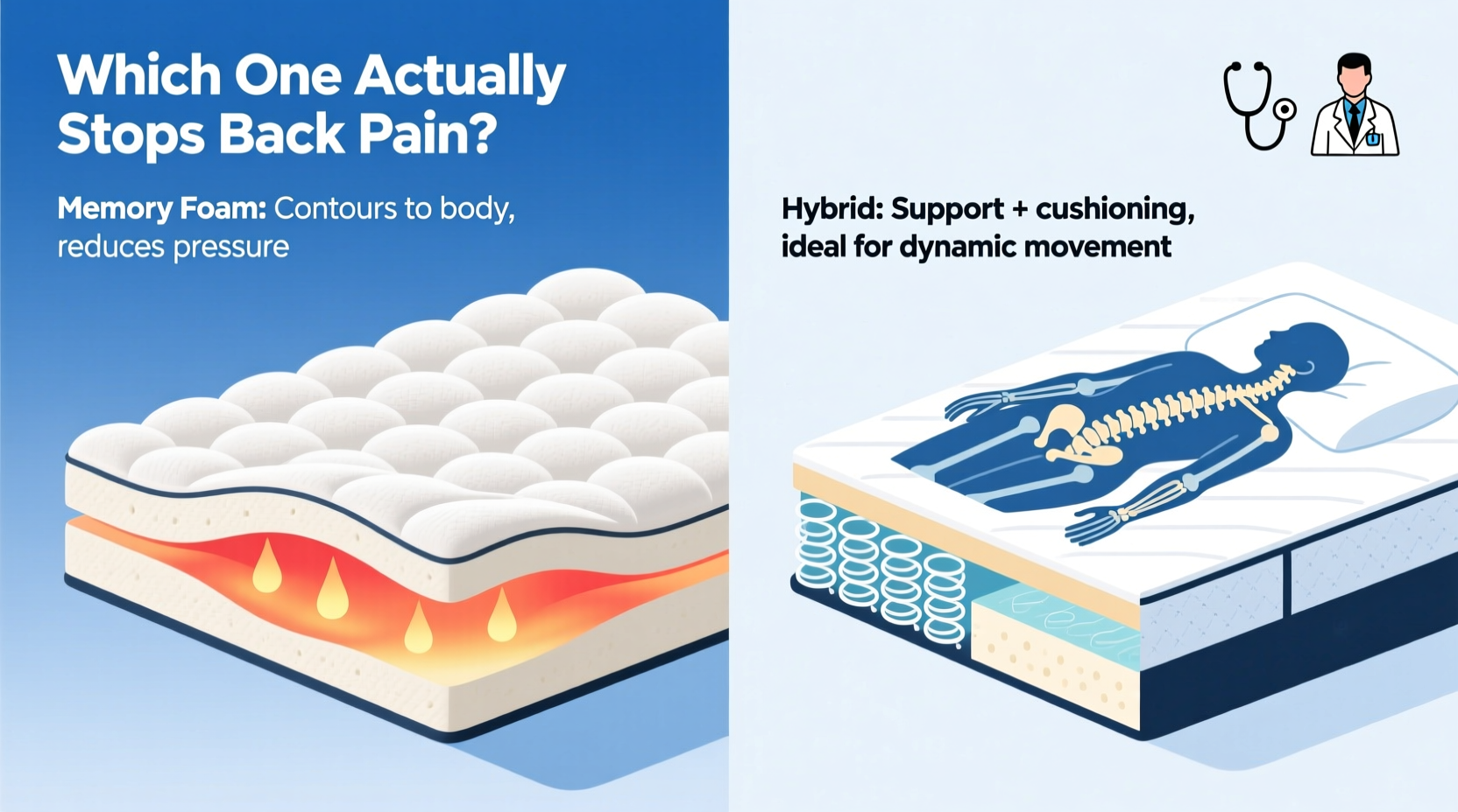 memory foam vs hybrid mattress which one actually stops back pain