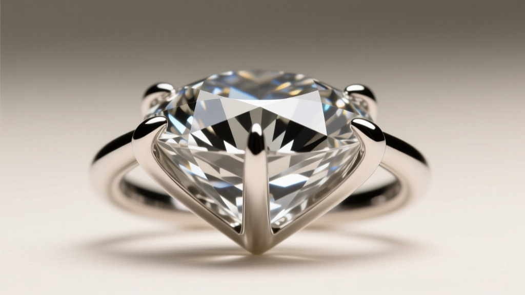 Side profile of a raw diamond macle twin secured by four thick prongs in platinum, showing a secure cradle mounting technique.