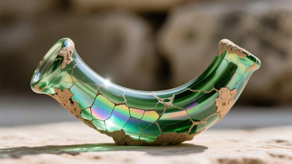 Macro shot of ancient Roman glass revealing microscopic flaking layers and earthen crust on an iridescent green surface texture.