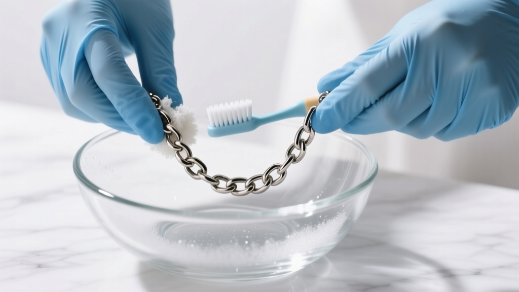 Hands wearing blue nitrile gloves gently scrubbing a titanium chain bracelet with a soft baby toothbrush in a glass bowl
