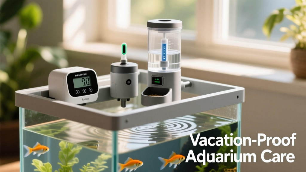 Close-up of automated aquarium equipment: timer, ATO unit, and feeder mounted on tank rim
