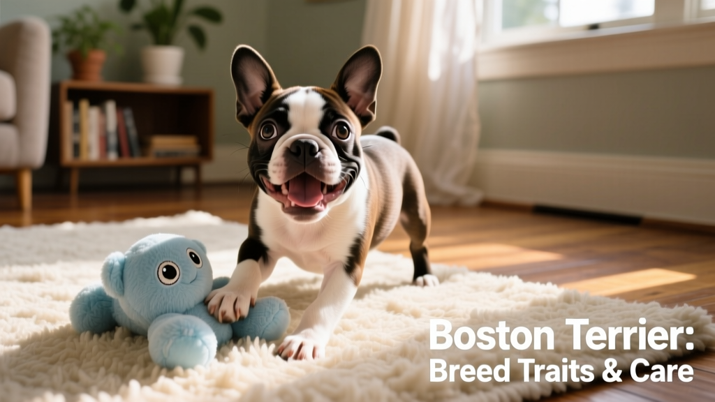 A joyful Boston terrier puppy playing with a soft toy on a cozy rug, highlighting its expressive face and compact build