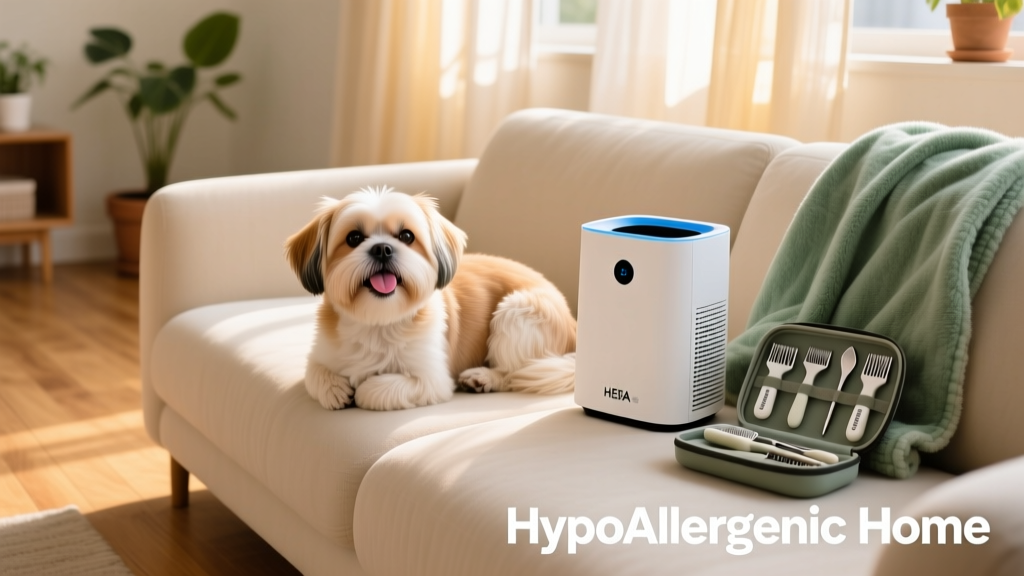 A happy, well-groomed Shih Tzu curled up on a clean, light-colored sofa beside allergy-friendly home accessories (HEPA purifier, washable throw blanket, grooming kit)