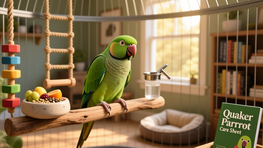 A cheerful Quaker parrot perched on a natural wood perch inside a spacious, well-equipped cage with toys and fresh food