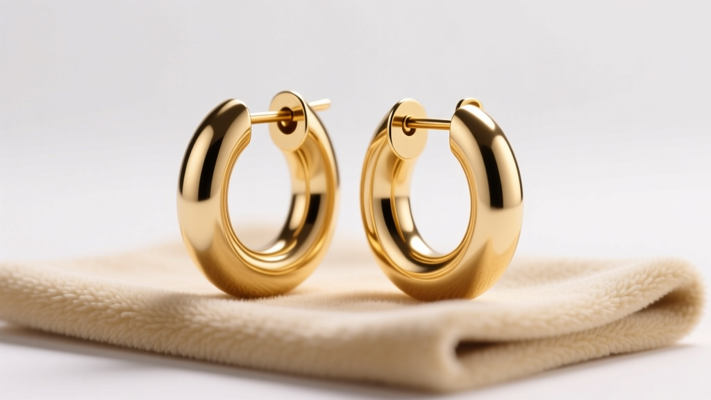 14k gold donut hoop earrings on microfiber cloth, showing the seamless tube structure and clicker hinge under soft studio lighting.