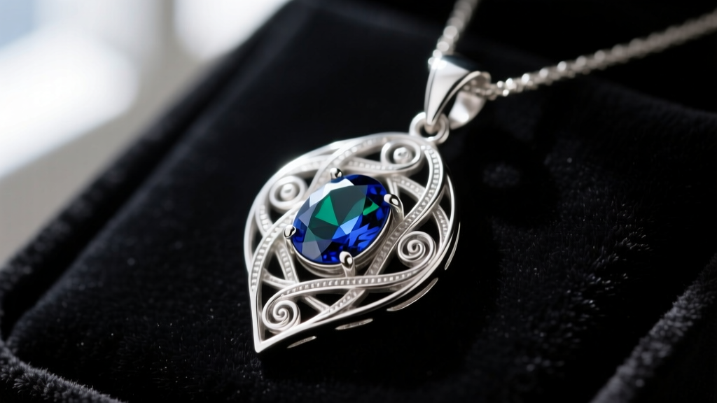 Close-up of a sterling silver Evenstar pendant resting on dark velvet, highlighting intricate filigree and a central gemstone