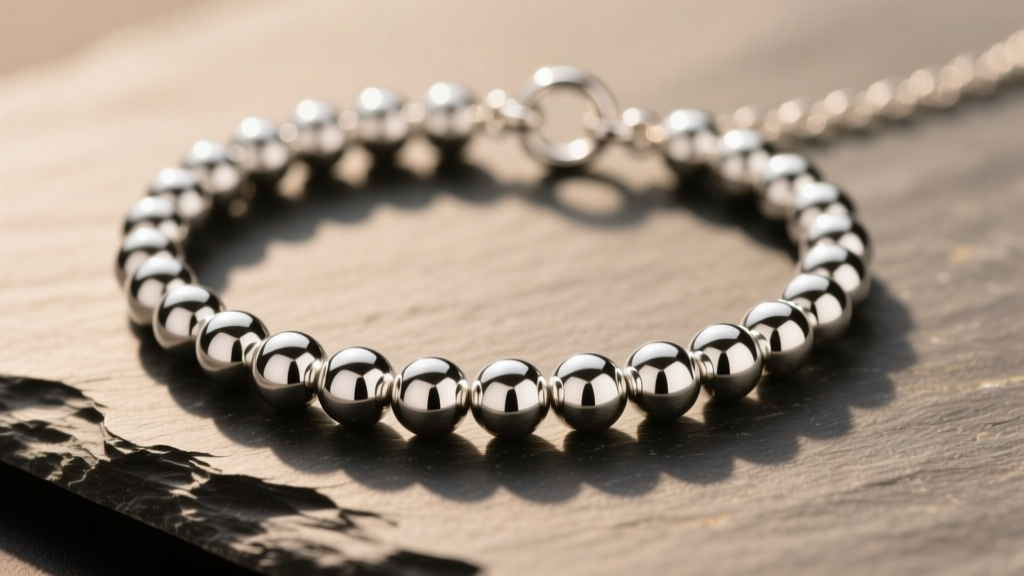Macro shot of a polished sterling silver ball necklace on slate, showing mirror finish and seamless jump ring under bright light