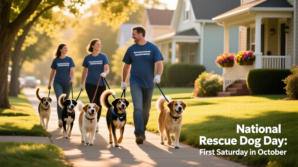 Volunteers walking multiple leashed rescue dogs along a tree-lined neighborhood street during a community foster program event