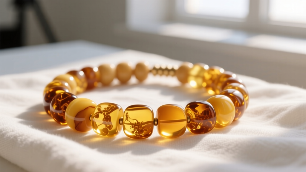 Close-up of a genuine honey-colored Baltic amber infant teething necklace resting on a soft white linen cloth in natural sunlight.