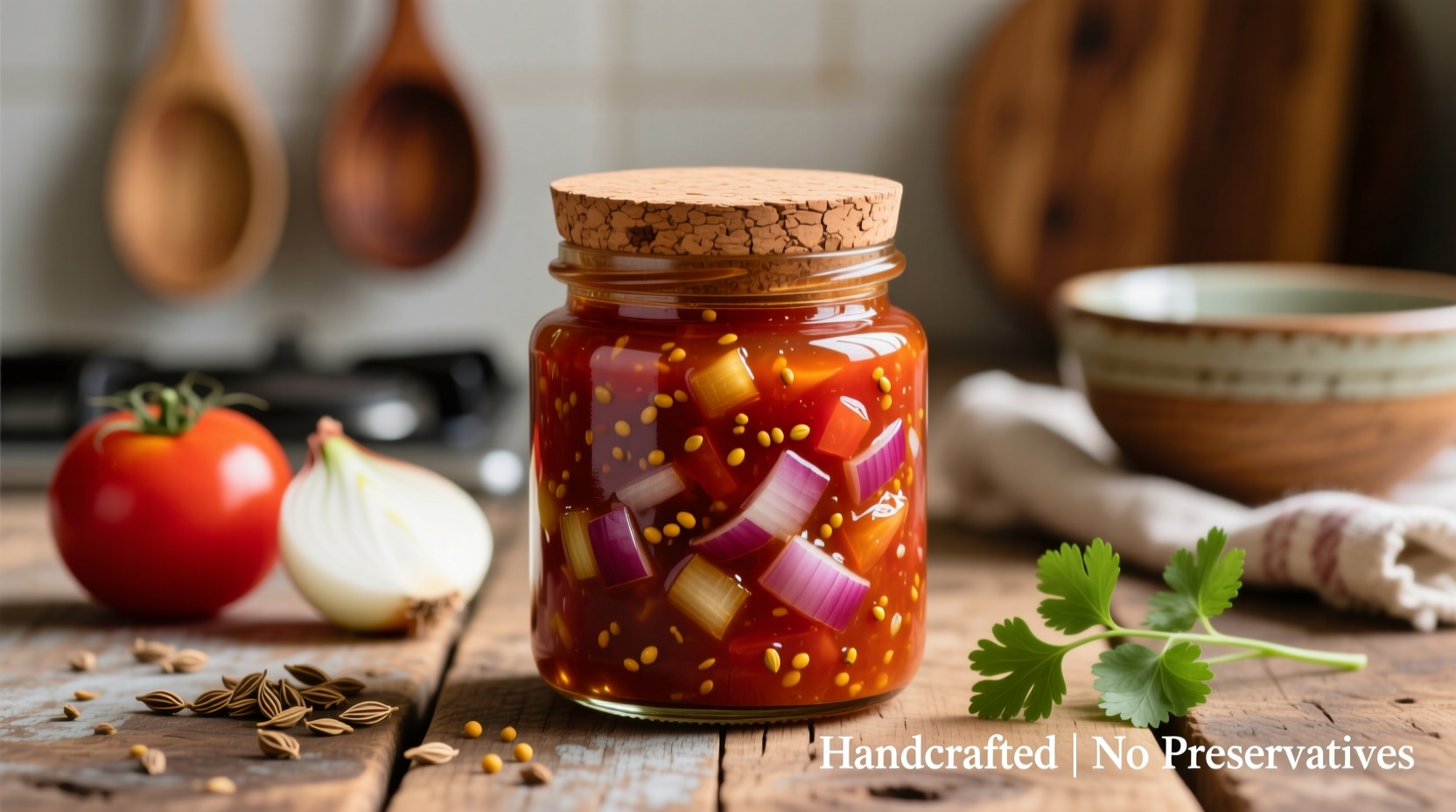 Homemade tomato chutney with onion in glass jar