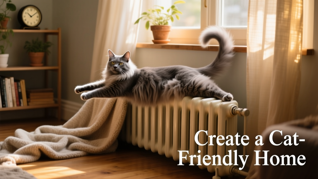 A cat stretching comfortably on a warm radiator near a cozy nook with blankets