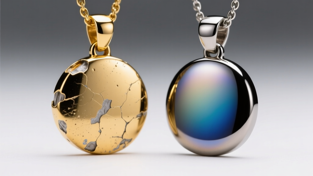 Macro view comparing a fading electroplated gold pendant next to a pristine PVD coated steel pendant under bright studio lighting.