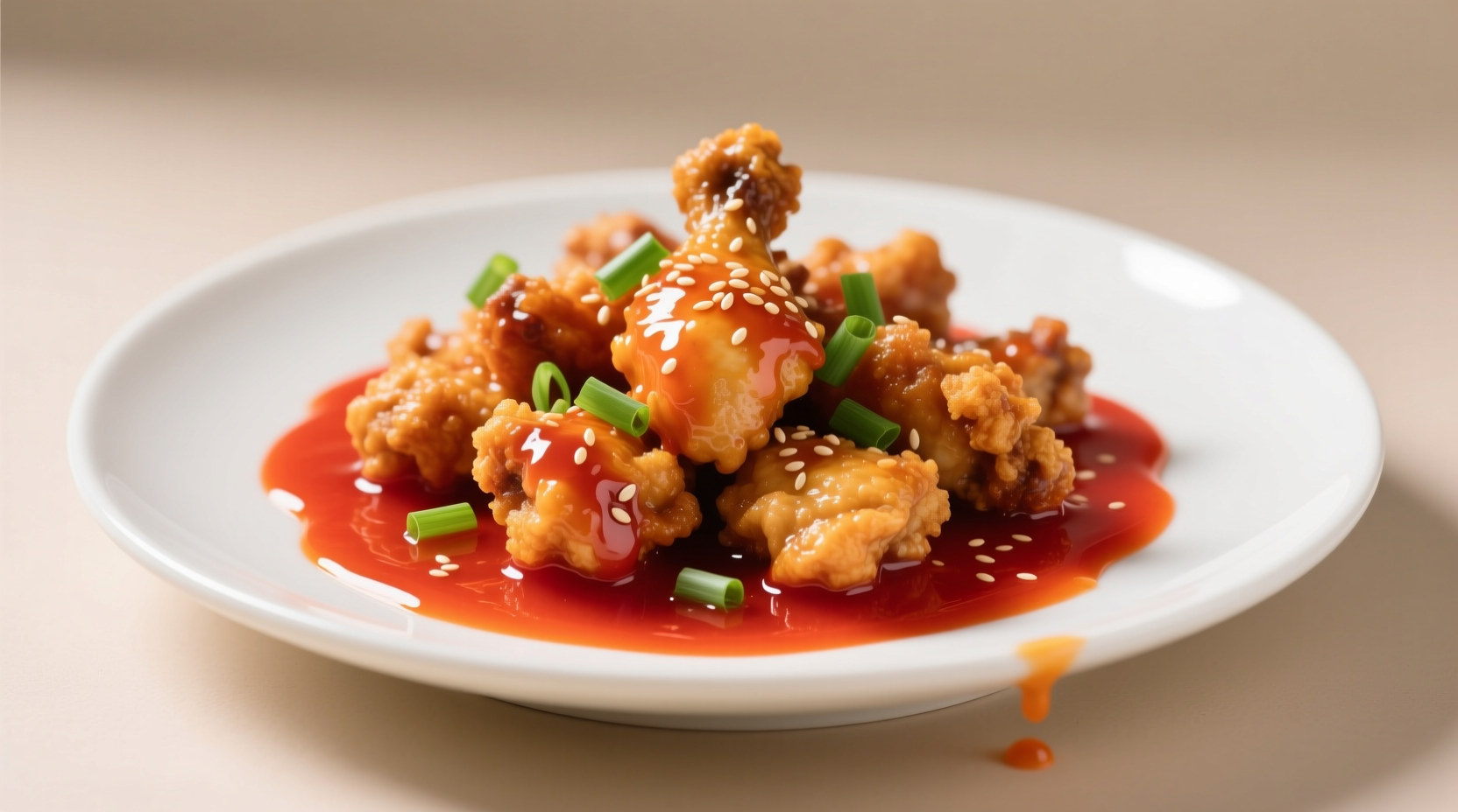 Crispy General Tso's chicken with vibrant red sauce