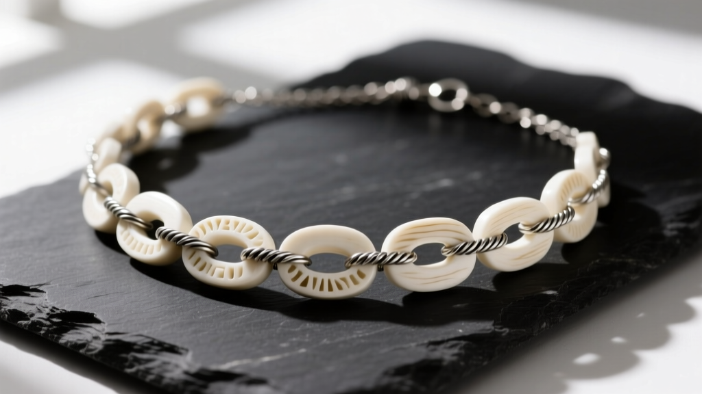 Close-up of an artisan necklace with carved white bone links and oxidized sterling silver wire connectors resting on dark slate.
