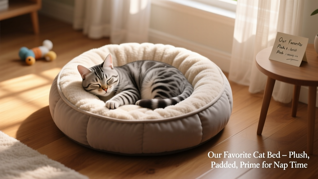 Cat curled up in a cozy donut-style bed with soft fleece lining