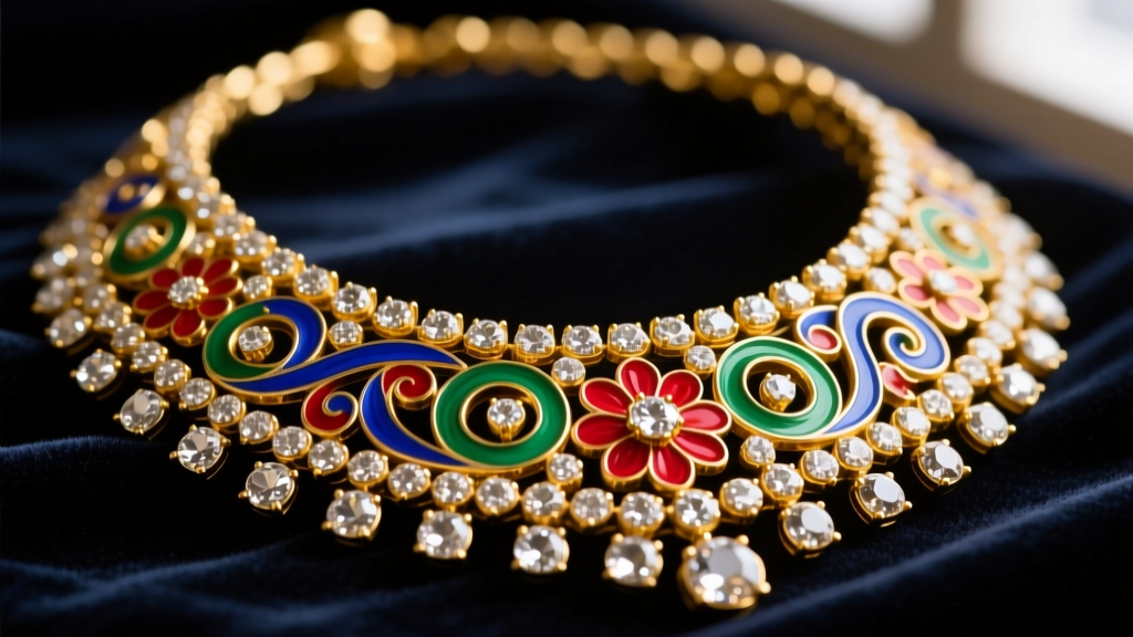 Macro shot of a 22k yellow gold Indian Jadau necklace featuring uncut Polki diamonds and vibrant Meenakari enamel on dark velvet