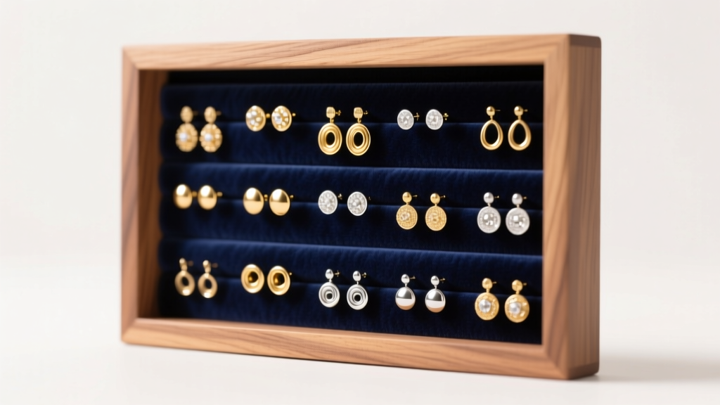 Completed DIY wood earring organizer lined with dark velvet, displaying gold and silver stud earrings under soft studio lighting