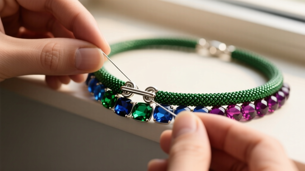 Artisan securing a sterling silver toggle clasp onto a heavy gemstone beaded snake necklace using 49-strand micro wire