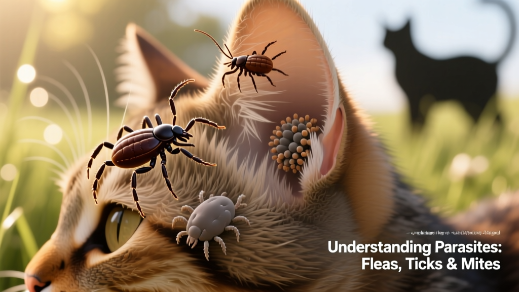 Illustration showing common external parasites on a cat's fur and ears, including fleas, ticks, and mites