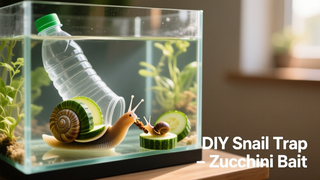 DIY soda bottle snail trap baited with zucchini in an aquarium