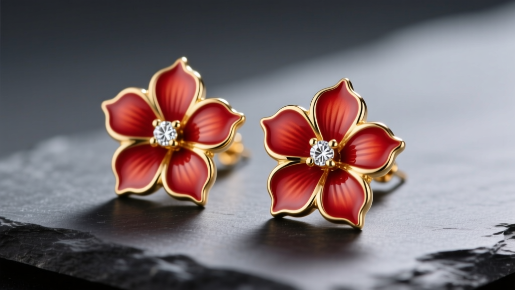 Close-up of 14k gold hibiscus earrings with red enamel petals and diamond center, resting on dark slate in soft studio lighting.