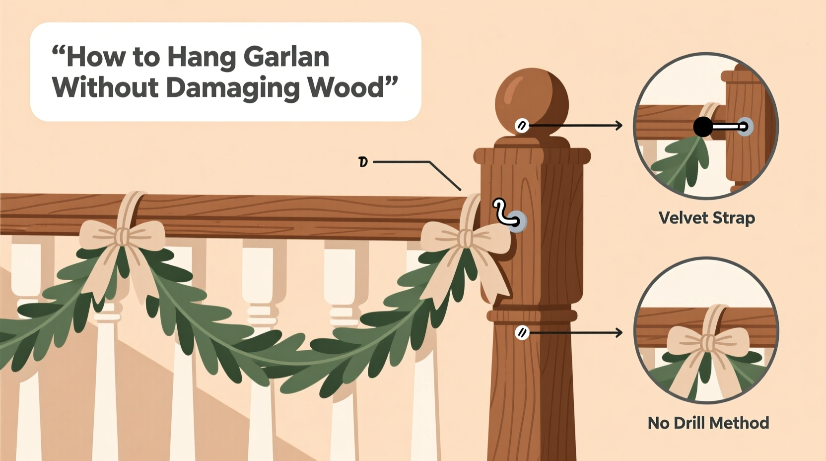 how to attach garland to a banister without damaging the wood