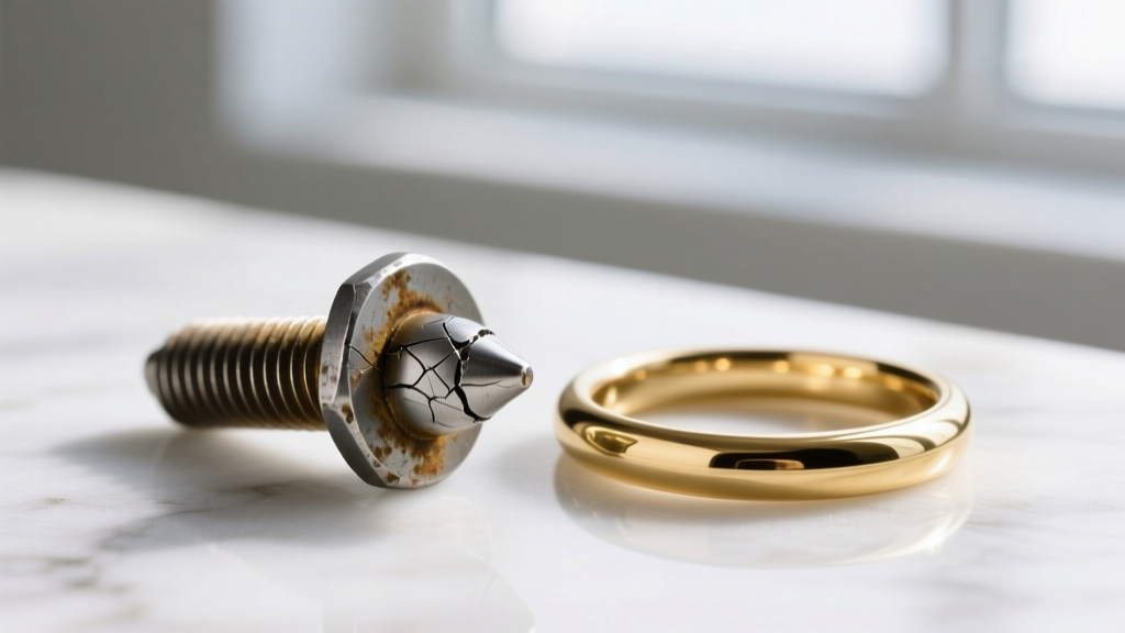 Macro comparison of a scratched steel nostril screw and a pristine 14k gold nose hoop resting on a clean white marble surface.